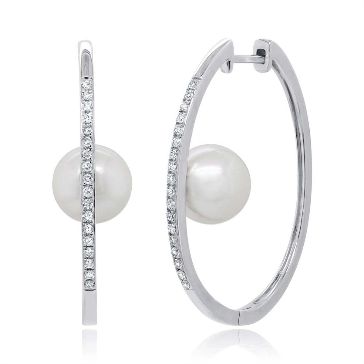 14K White Gold Diamond and Cultured Pearl Oval Hoop Earrings