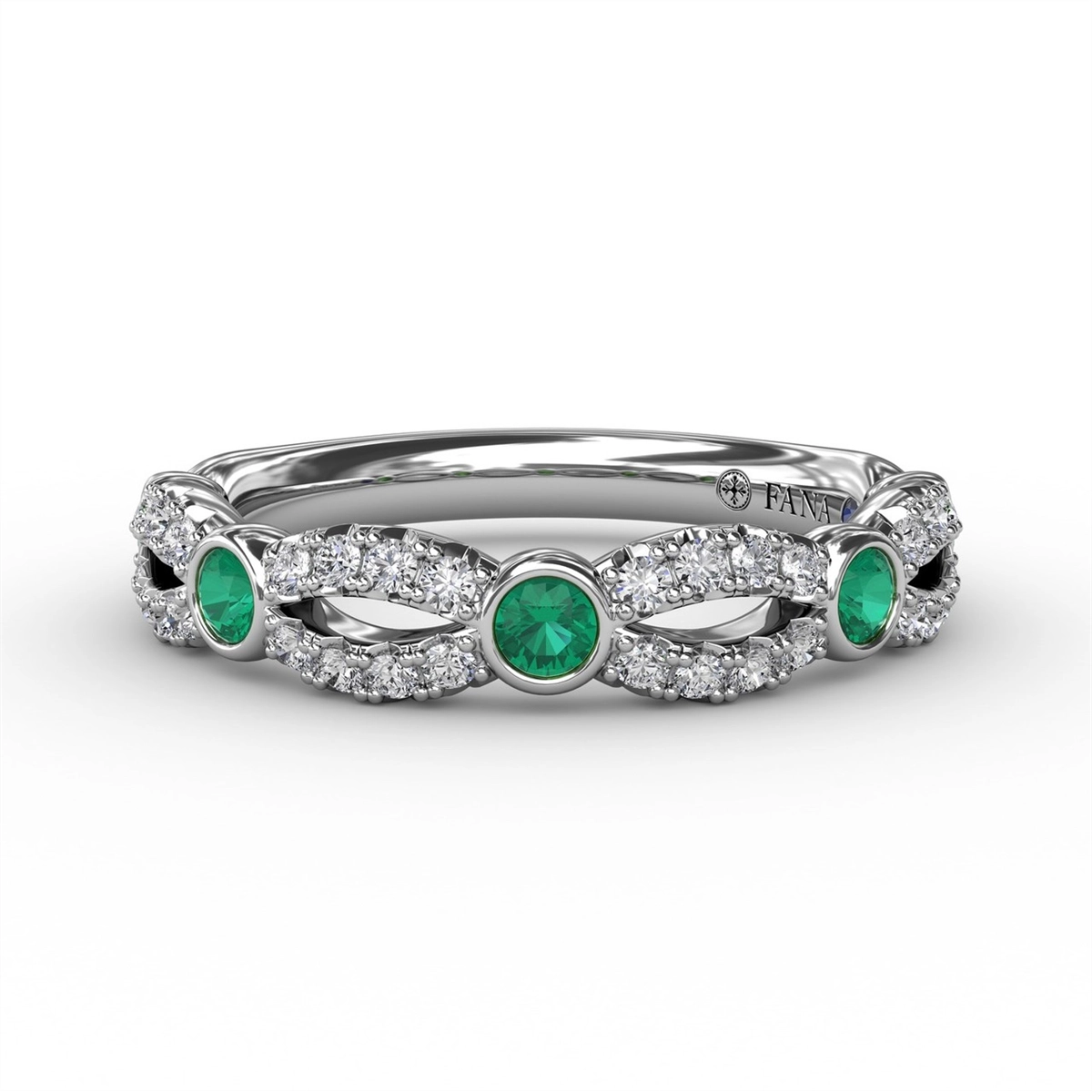 14K White Gold Diamond Band, Infinity Design with Bezel Set Round Emeralds