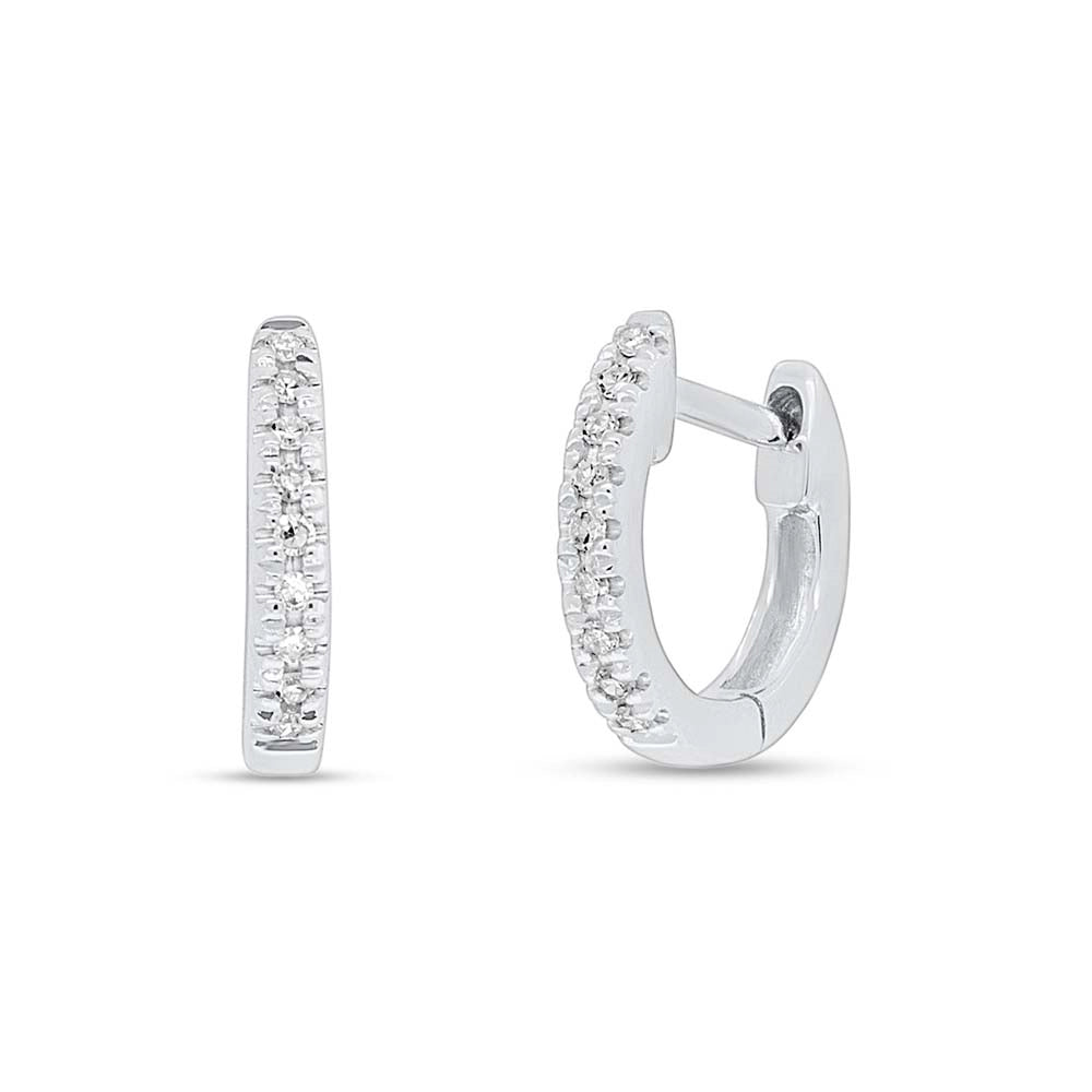 14K White Gold Diamond Huggie Hoop Earrings