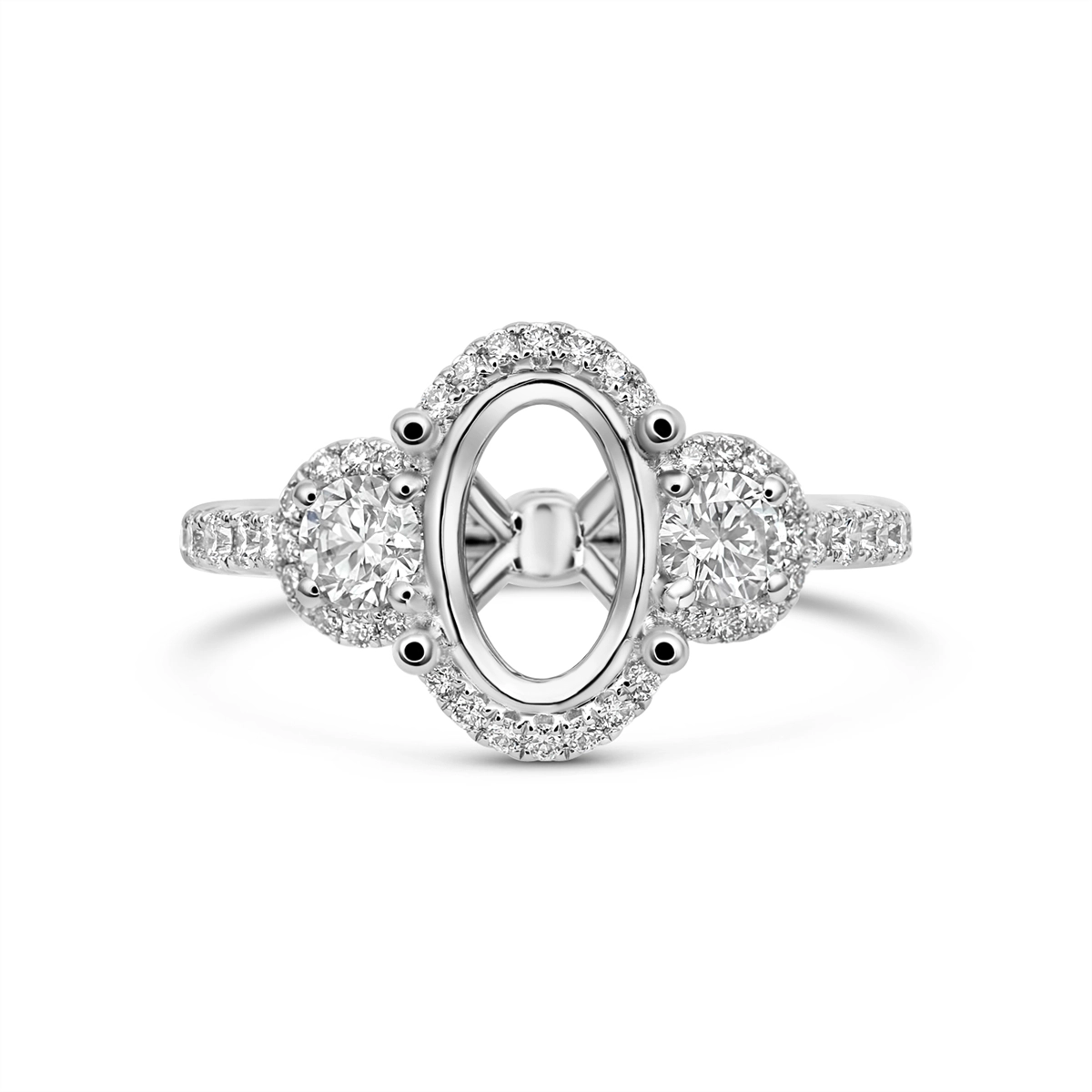 14K White Gold Diamond Three-Stone Semi-mount, Oval Head