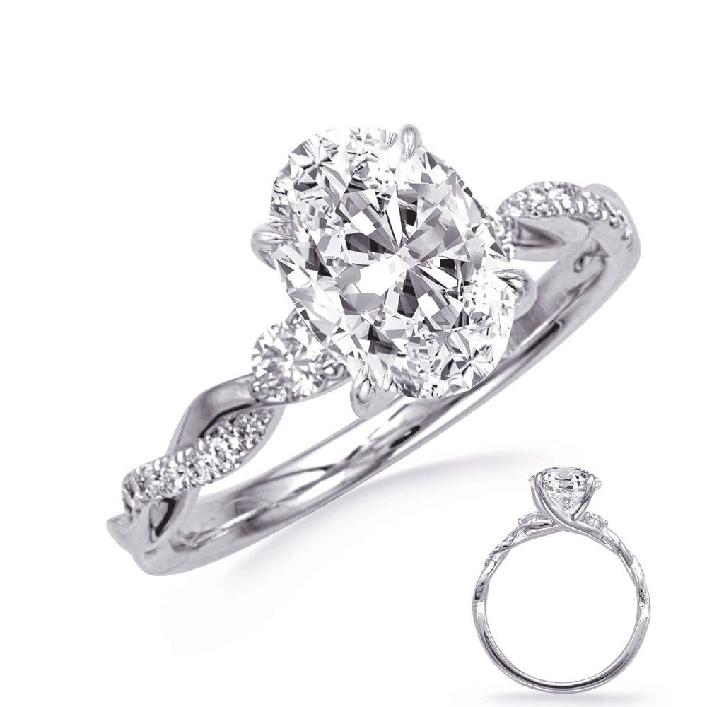 14K White Gold Semi Mount Diamond Ring for Oval with Round Diamond Side Stone and Crossover Shank