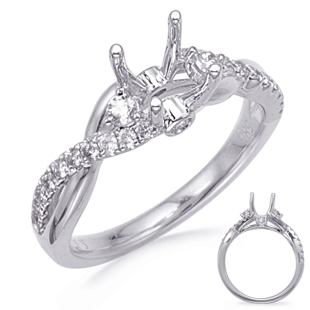 14K White Gold Semi Mount Diamond Ring with Round Diamond Side Stone and Crossover Shank