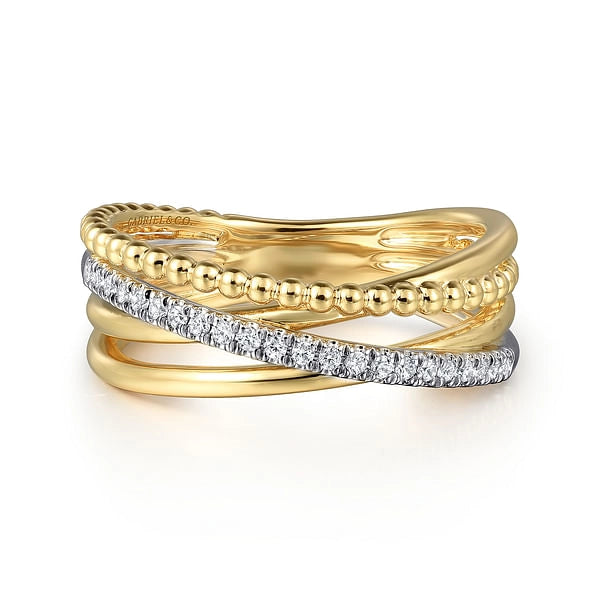 14K Yellow and White Gold Wide Crossover Diamond Ring