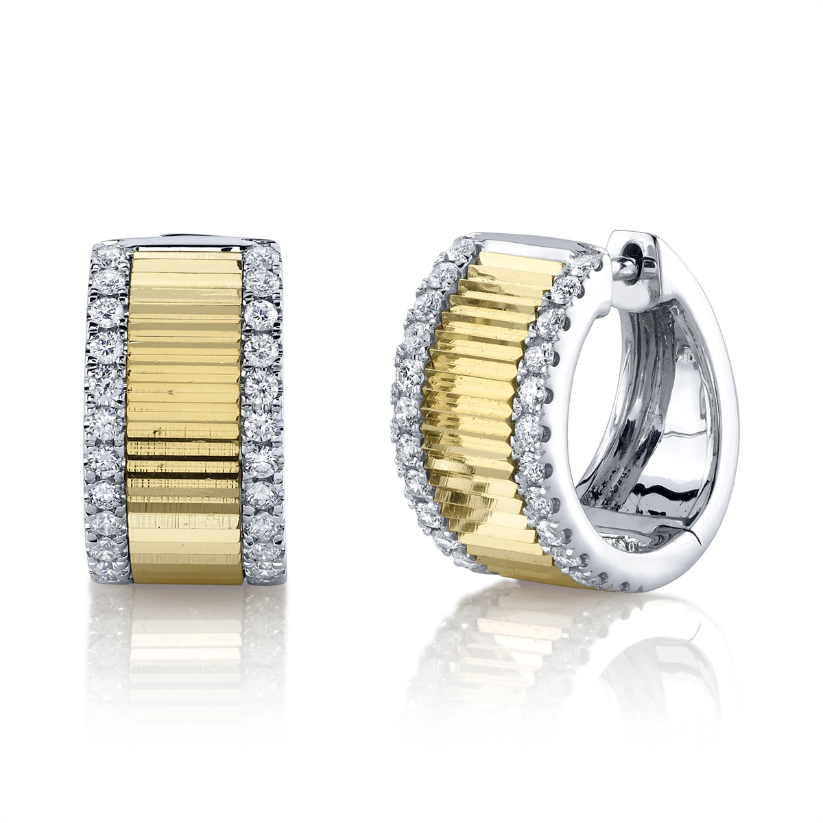 14K Yellow and White Gold Wide Diamond Huggie Hoop Earrings