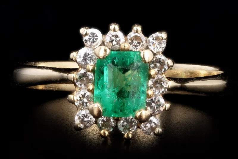 14K Yellow Gold .45 Carat Natural Emerald & Diamond Halo Ring