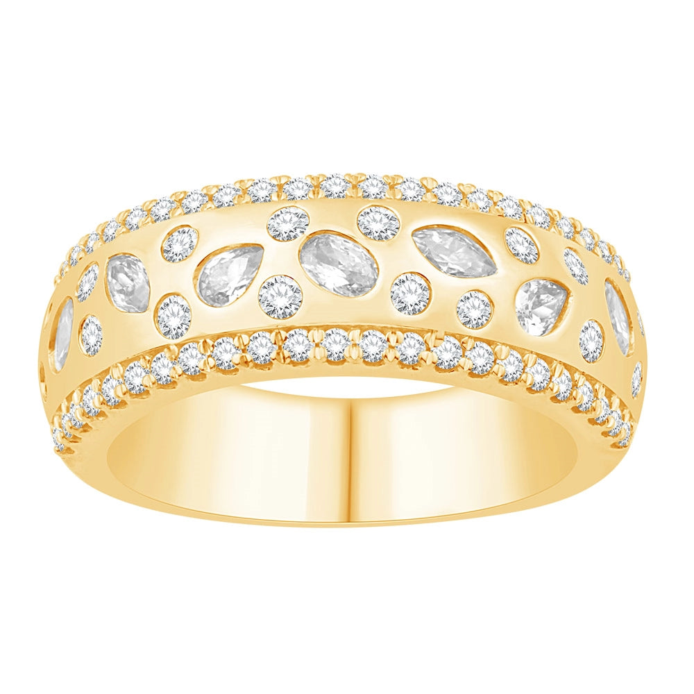 14K Yellow Gold Band with Flush Set Pear, Oval, Marquise and Round Diamond with Round Diamond Edges