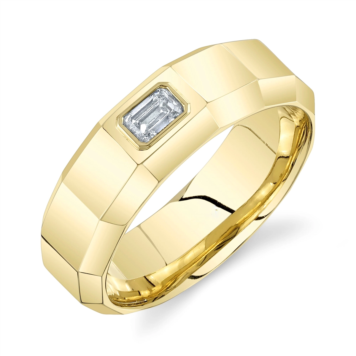 14K Yellow Gold Emerald Diamond Mens Band