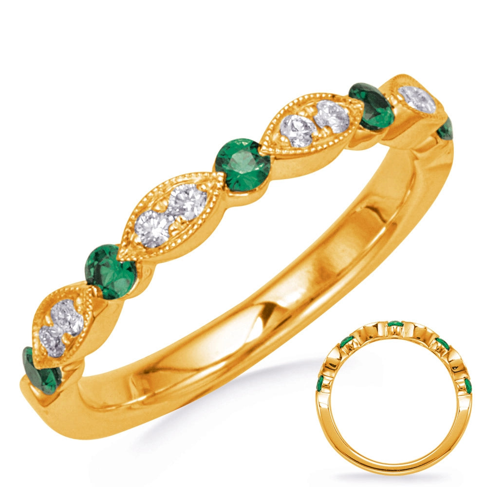 14K Yellow Gold Fancy Diamond & Emerald Band with Alternating Round & Horizontal Diamond Design