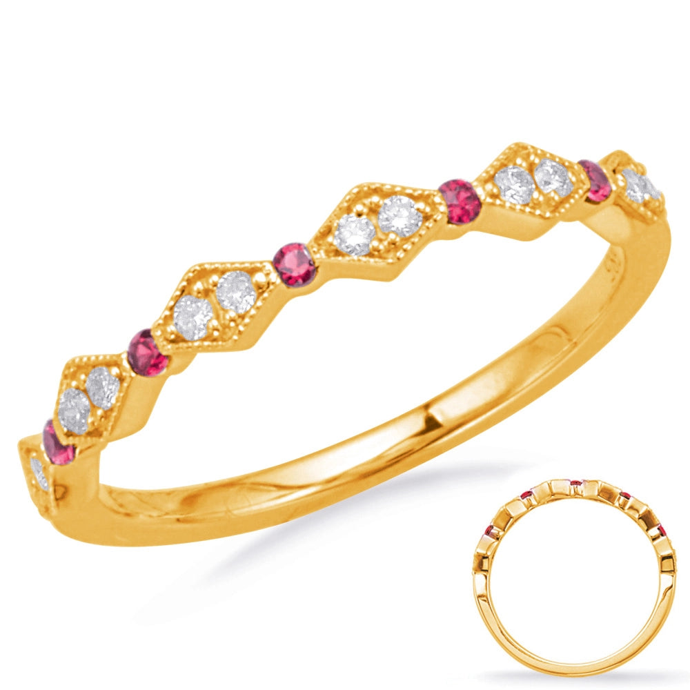 14K Yellow Gold Fancy Diamond & Ruby Band with Alternating Round & Horizontal Diamond Design