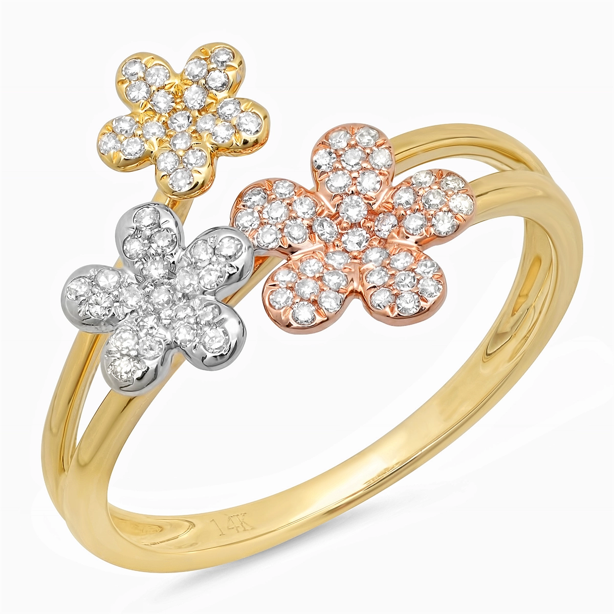 14K Yellow Gold Ring with 3 Diamond Flowers (White, Yellow, & Rose)