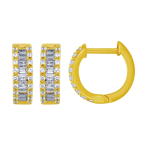 14K Yellow Gold Round and Baguette Diamond Huggie Hoop Earrings