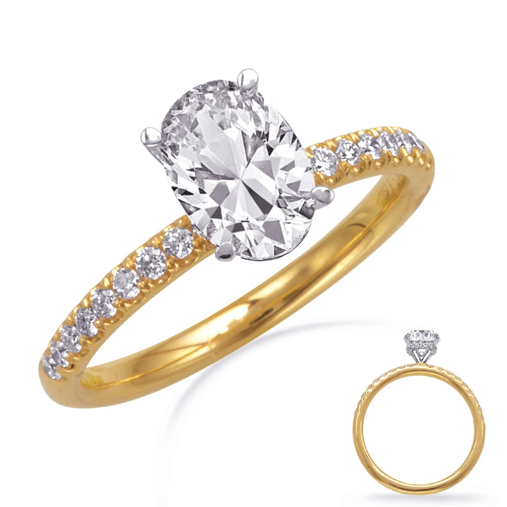 14K Yellow Gold Semi Mount Diamond Shank Ring with 14K White Gold Oval Hidden Halo Diamond Head