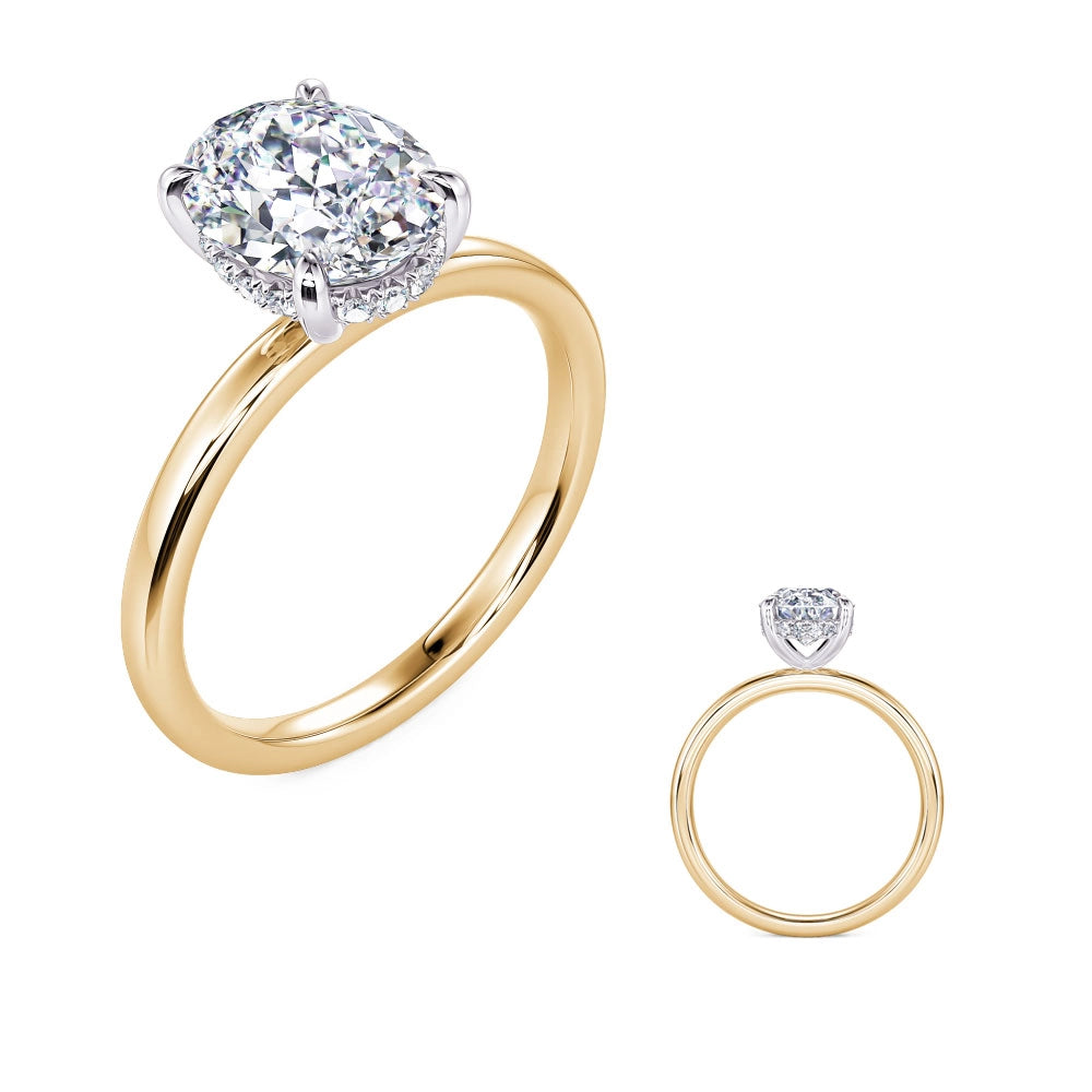 14K Yellow Gold Solitaire Ring with 14K White Gold Oval Hidden Halo Diamond Head