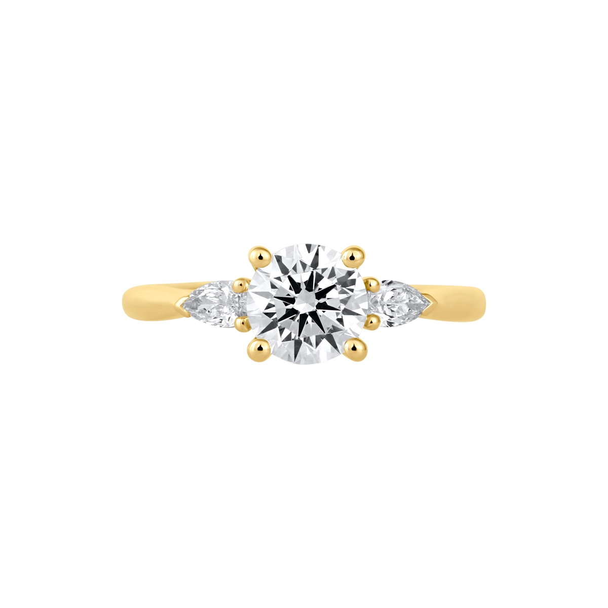 14K Yellow Gold Three Stone Ring, Pear Diamond Sides