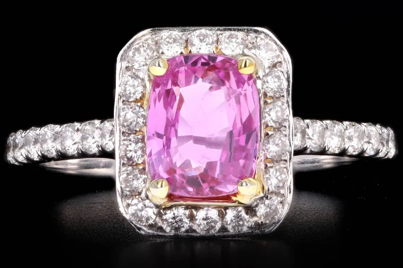 18K White Gold 1.74 Carat Natural Pink Sapphire & Diamond Halo Ring