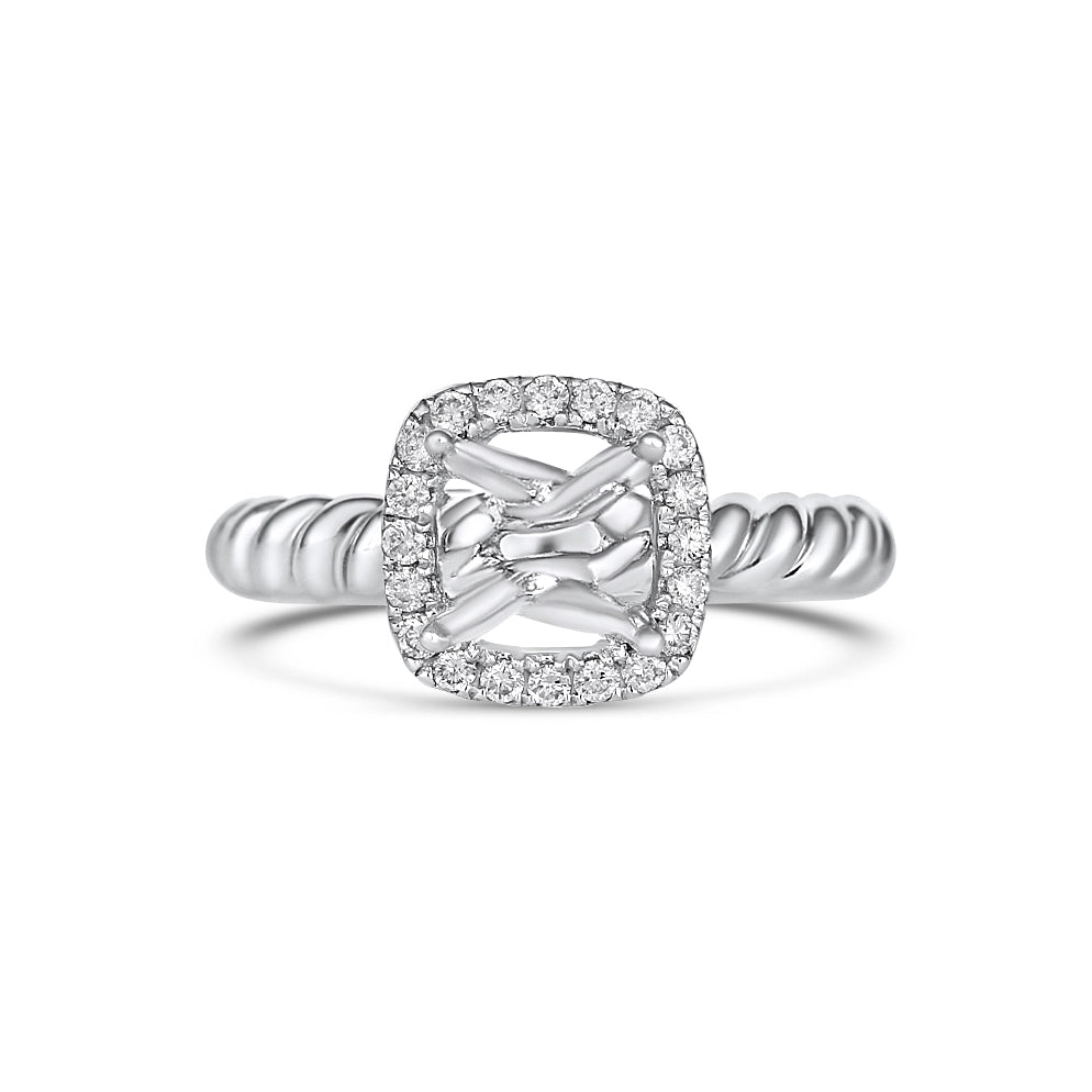 18K White Gold Semi Mount, Square Halo, Prong Set, Plain White Gold Rope Design Sides