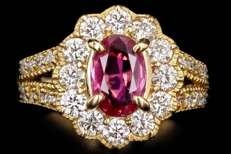 18K Yellow Gold 1.60 Carat Oval Natural Ruby & Diamond Halo Ring