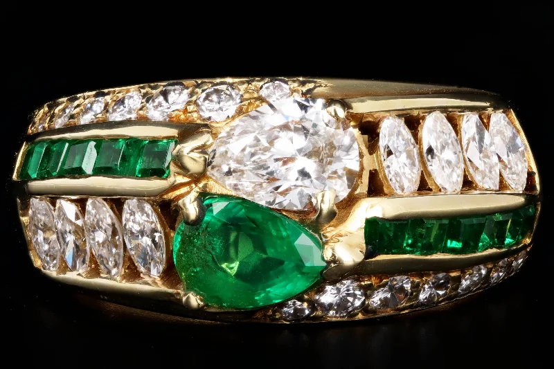 18K Yellow Gold Pear Cut Diamond & Emerald Mens Ring