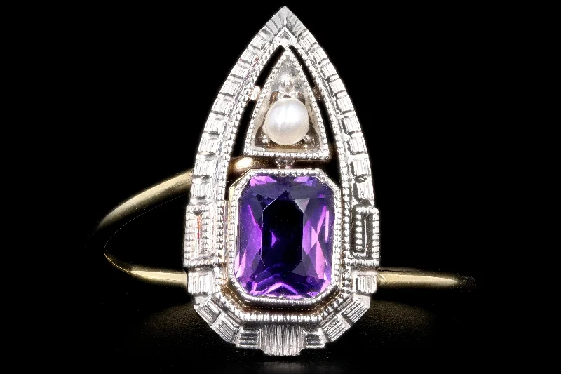 Art Deco 14K Yellow & White Gold Amethyst Stick Pin Conversion Ring