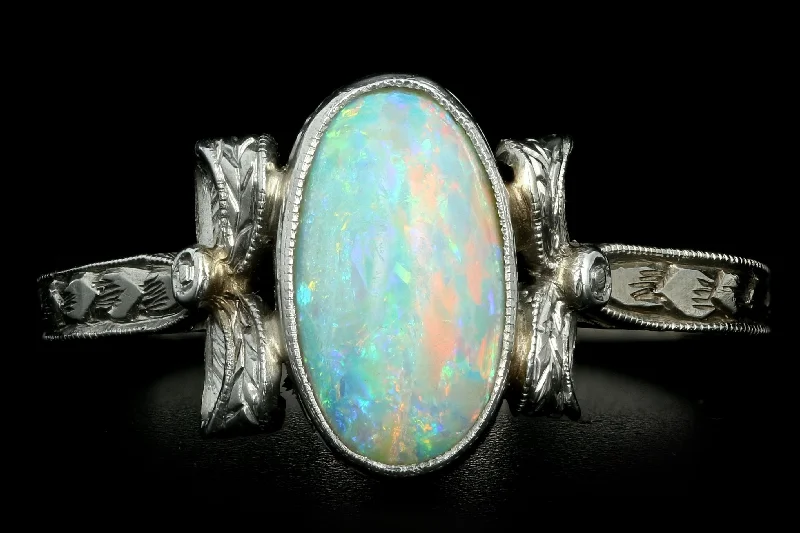 Art Deco 14K White Gold 1 Carat Oval Cabochon Cut Natural Opal Ring