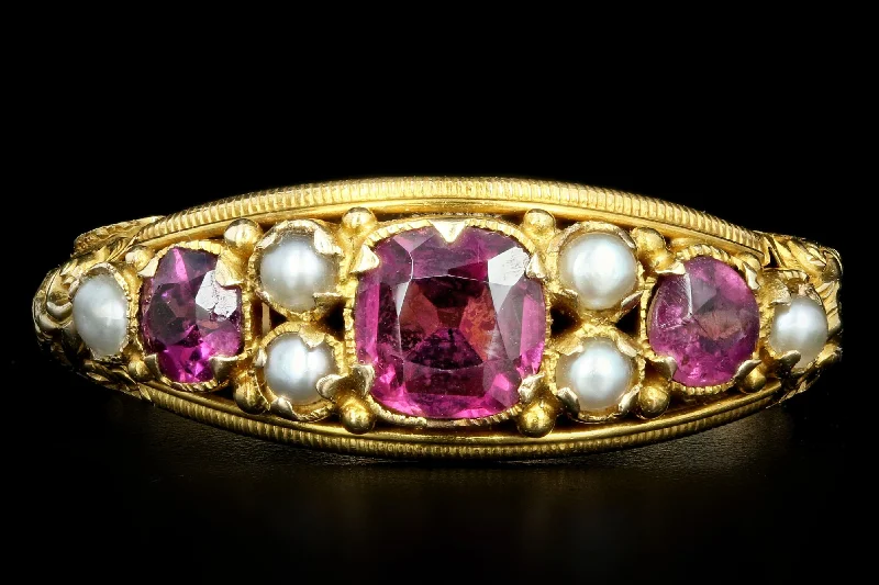 Victorian 15ct Yellow Gold Rhodolite Garnet & Cultured Pearl Ring