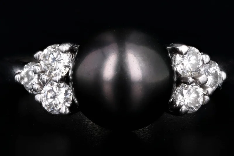 14K White Gold Cultured Tahitian Pearl & Diamond Ring