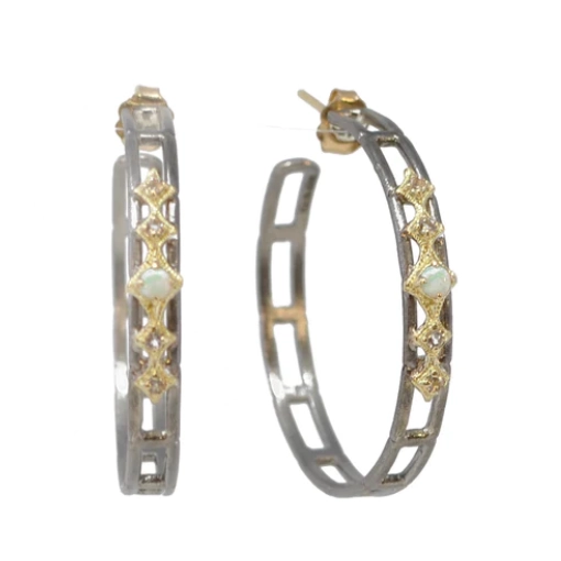 Armenta 18K Yellow Gold and Grey Sterling Silver 35mm Crivelli Hoop Earrings with Morganite and Australian Opal