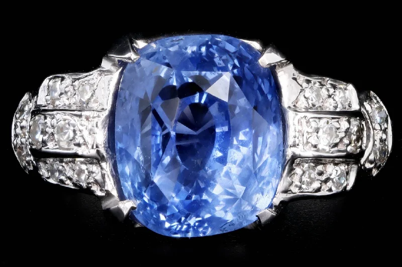 Art Deco 14K White Gold 5.12 Carat Natural No Heat Sapphire & Diamond Ring GIA Certified