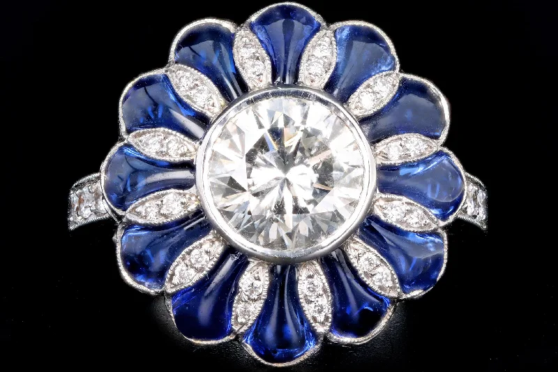 Art Deco Inspired 2.06 Carat Round Brilliant Diamond & Synthetic Sapphire Flower Ring