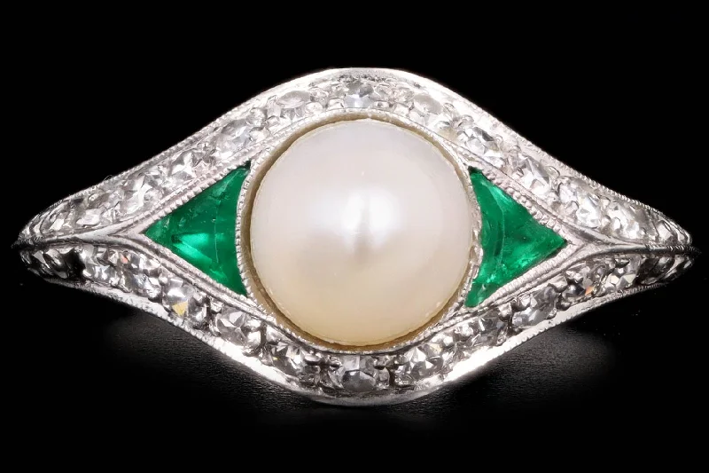 Art Deco Pearl Trillion Cut Emerald & Diamond Knife Edge Ring