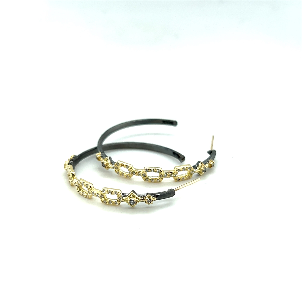 Artenta 18K Yellow Gold and Grey Sterling Silver Paperclip Hoop Earrings with Diamonds