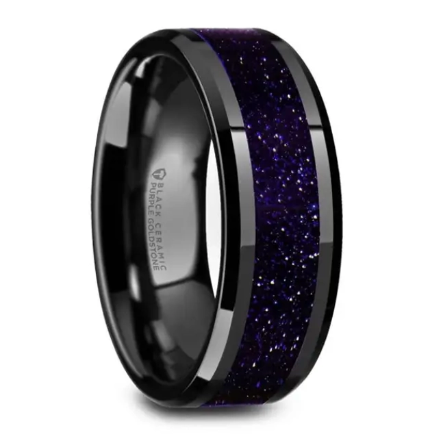 Black Ceramic 8mm Band with Purple Goldstone Inlay