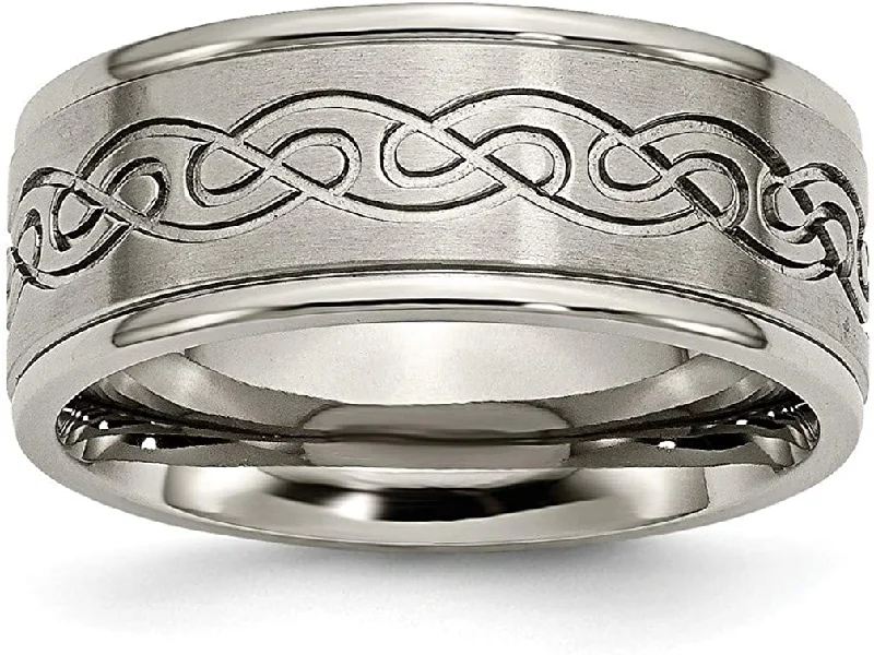 Brushed Grey Titanium Scroll Design 9mm Flat Band, Size 8