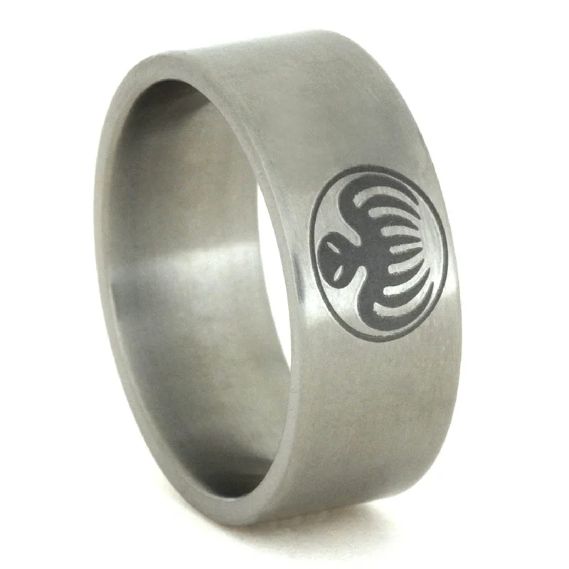 Charcoal Engraved Octopus 9mm Comfort-Fit Matte Titanium Spectre Ring, Size 8