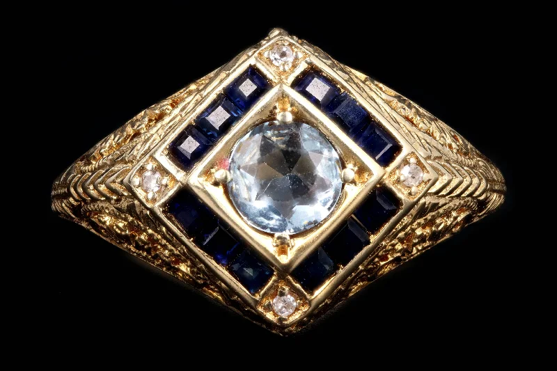 Art Deco Style 14K Yellow Gold .31 Carat Aquamarine & Sapphire Ring