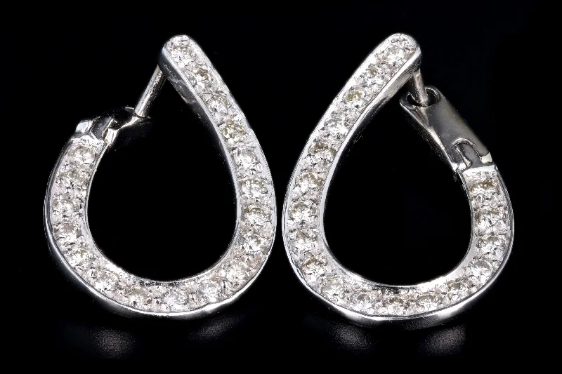 Modern 14K White Gold .75 Carat Total Round Brilliant Cut Diamond Hoop Earrings