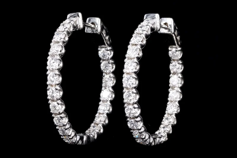 New 14K White Gold 4.0 Carat Round Brilliant Cut Diamond Hoop Earrings