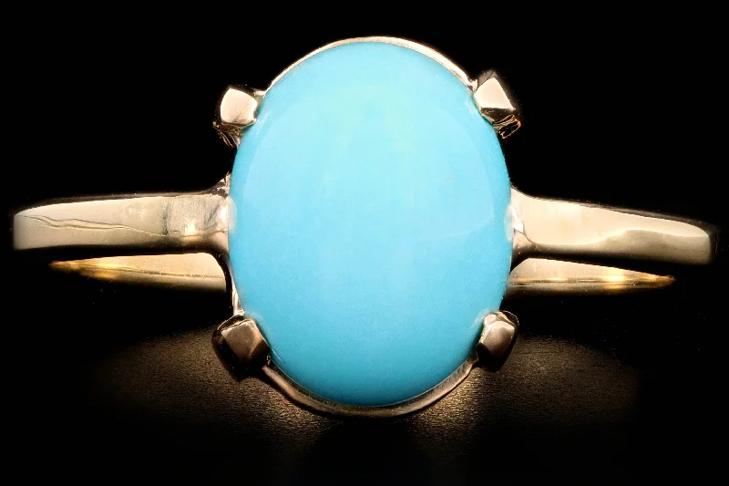 New 14K Yellow Gold 3 Carat Oval Cabochon Cut Turquoise Ring