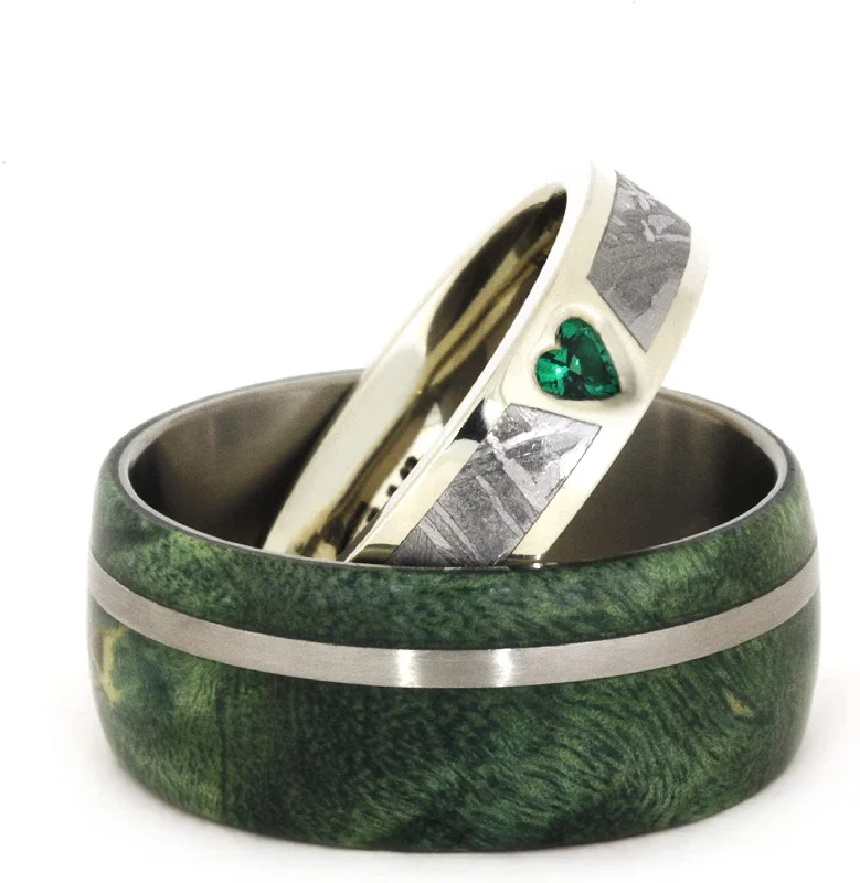 Created Emerald, Gibeon Meteorite 14k White Gold Ring and Green Box Elder Burl Wood Titanium Band, Couples Ring Set, M9.5-F8