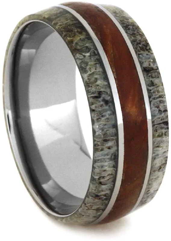 Deer Antler, Petrified Wood 10mm Comfort-Fit Titanium Ring, Size 5.75