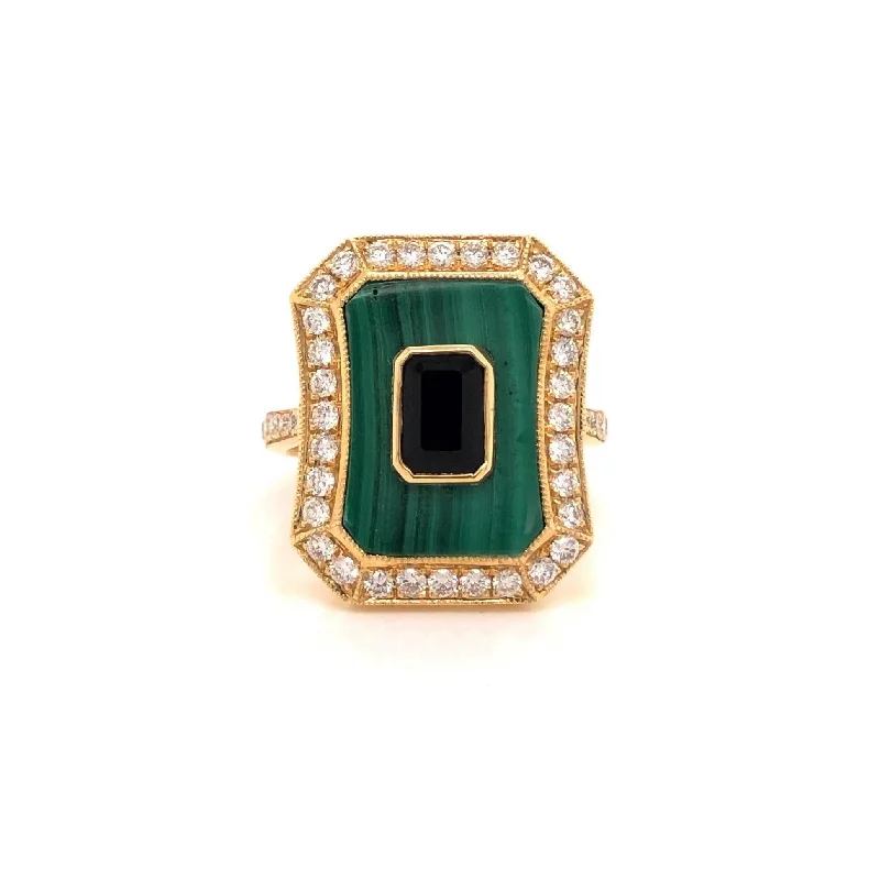 Diamond-Framed Malachite and Onyx Ring - Doves by Doron Paloma