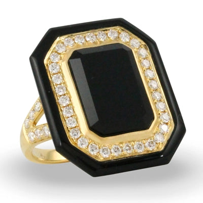 Doves 18K Yellow Gold Black Onyx and Diamond Ring