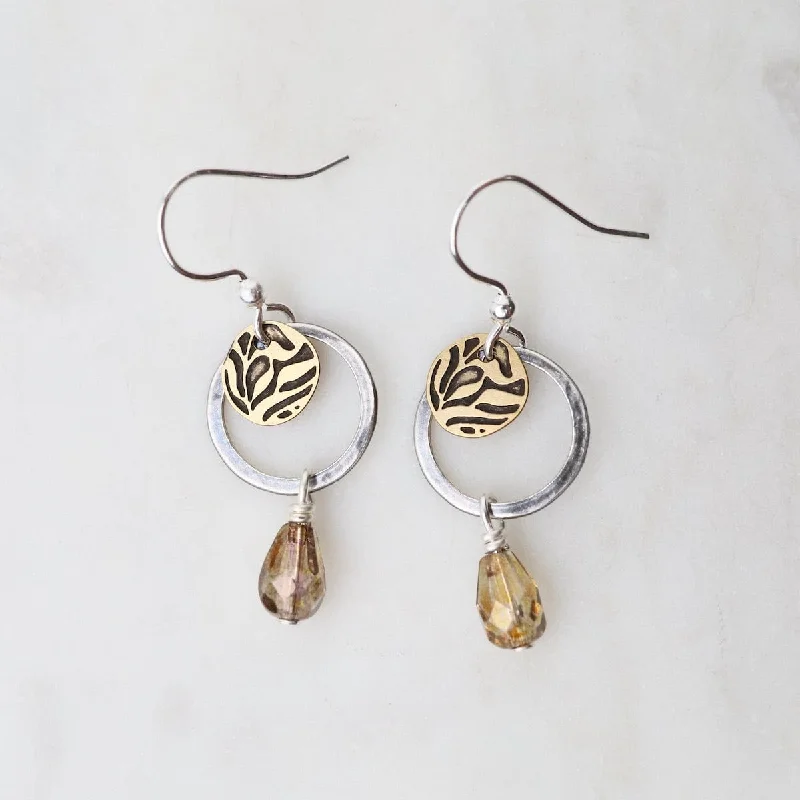 Silver Hoop, Bronze Disc, and Hanging Brown Bead Earrings