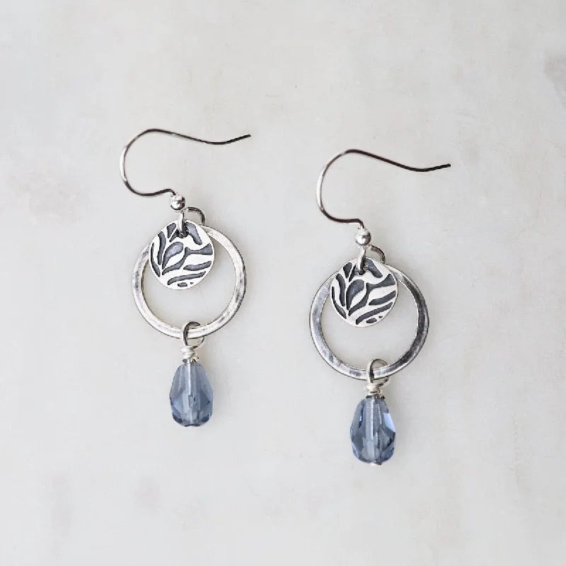 Silver Hoop, Disc, and Hanging Blue Bead Earrings