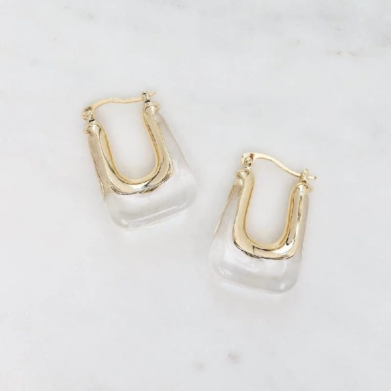 Square Gold Plated Brass & Acrylic Hoops - Clear Quartz