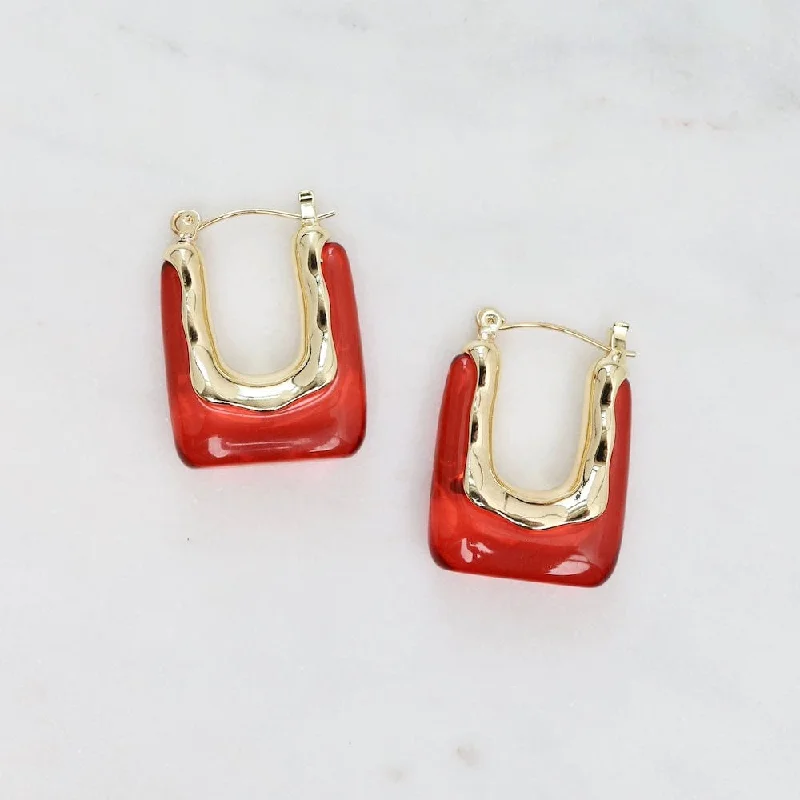 Square Gold Plated Brass & Acrylic Hoops - Red