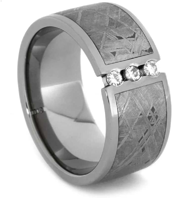 Forever One Moissanite, Past Present Future Gibeon Meteorite 11mm Comfort Fit Titanium Ring, Size 4.5