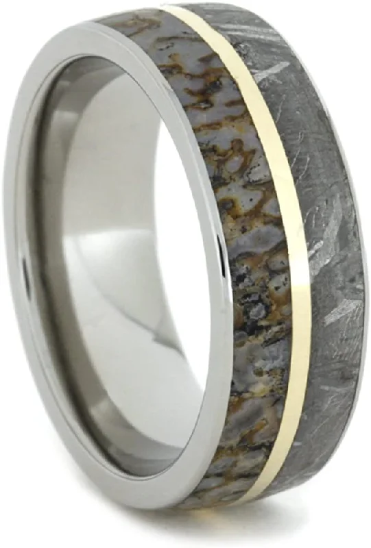 Gibeon Meteorite, Dinosaur Bone, 14k Yellow Gold 8mm Comfort Fit Titanium Band, Size 6.25