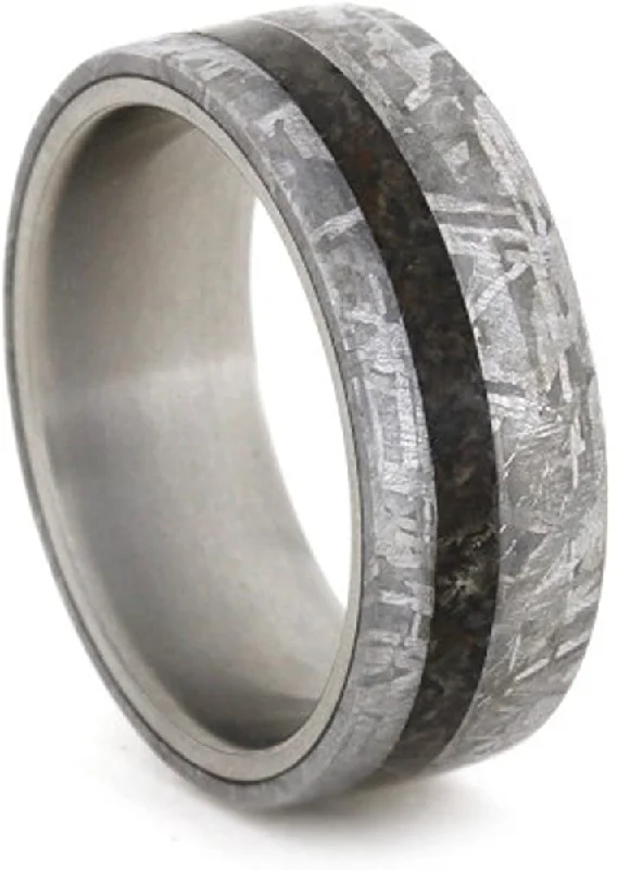 Gibeon Meteorite, Dinosaur Bone Overlay 8mm Comfort-Fit Matte Titanium Band, Size 16