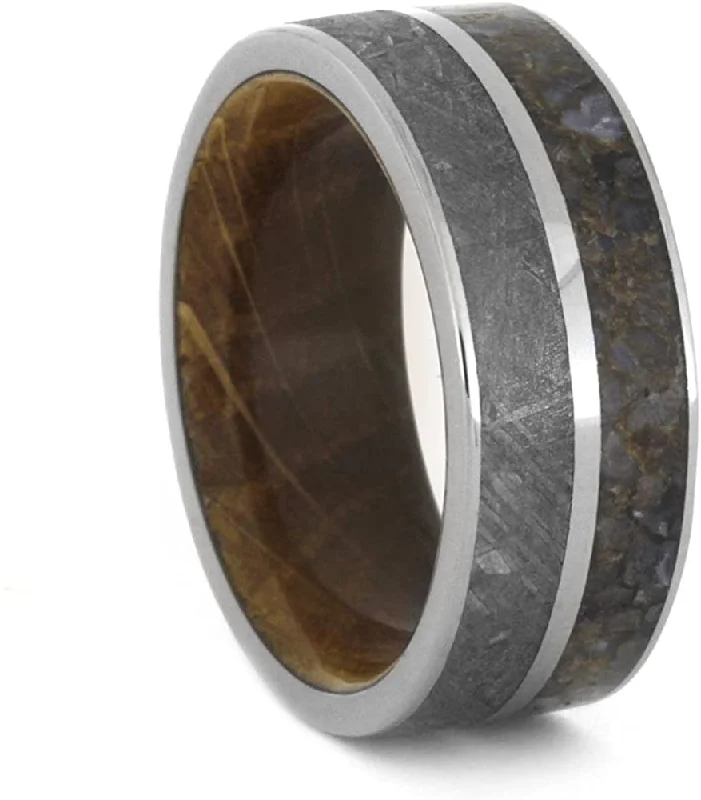 Gibeon Meteorite, Dinosaur Bone, Whiskey Barrel Oak Wood 9mm Comfort-Fit Titanium Band, Size 10.25